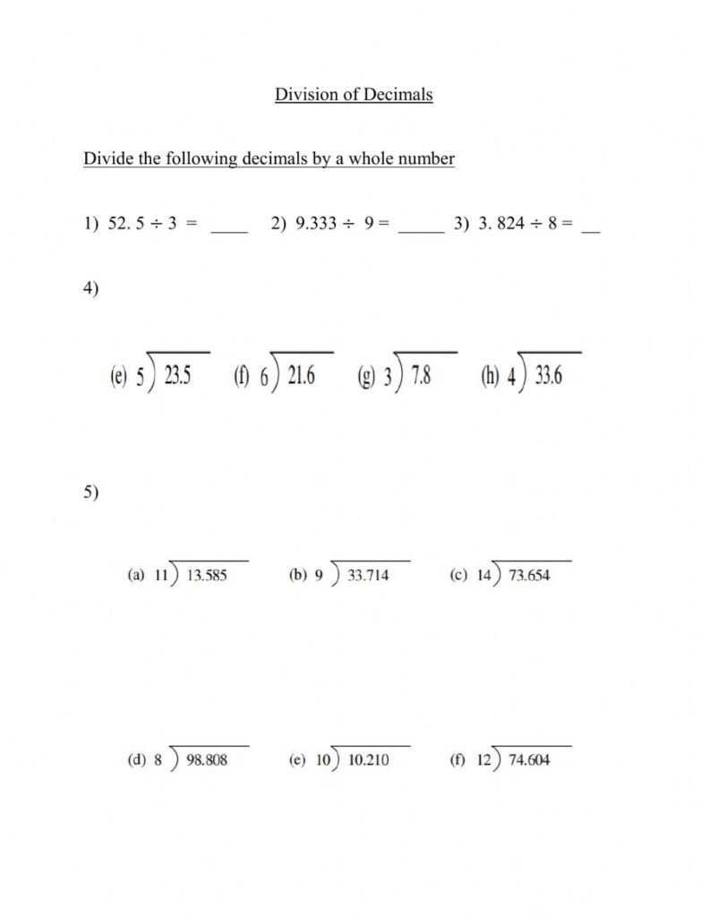 Dividing Decimals By Whole Numbers Interactive Worksheet