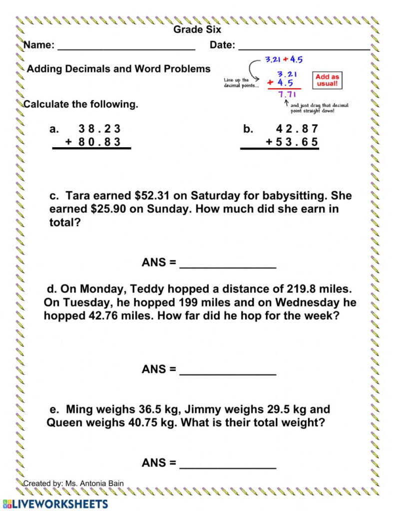 Dividing Decimals Word Problems Worksheet