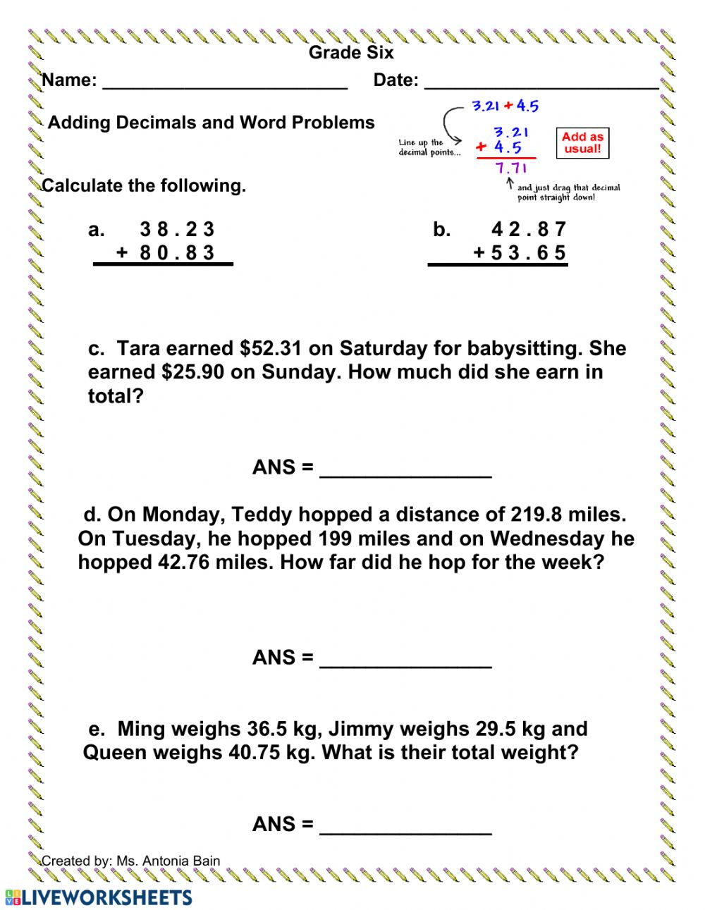 Dividing Decimals Word Problems Worksheet