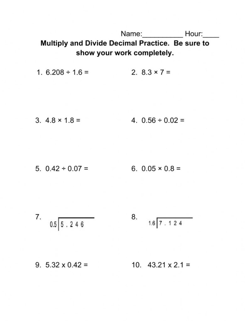 Dividing Decimals Word Problems Worksheet