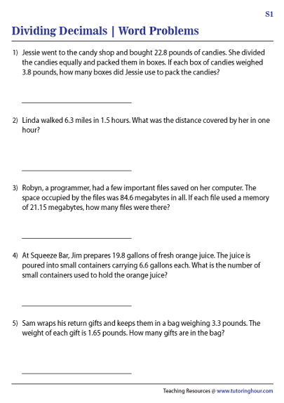 Dividing Decimals Word Problems Worksheets