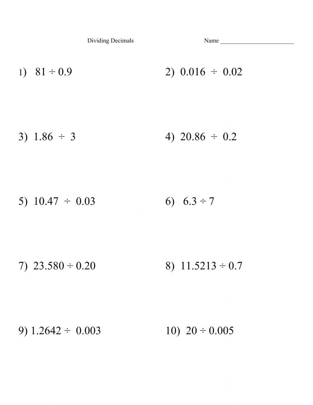 Dividing Decimals Worksheet Pdf