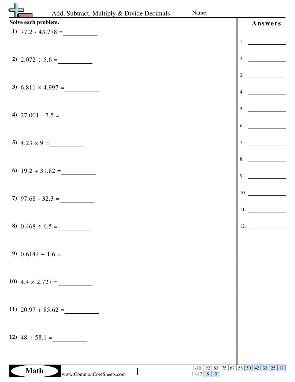 Dividing Decimals Worksheet Pdf