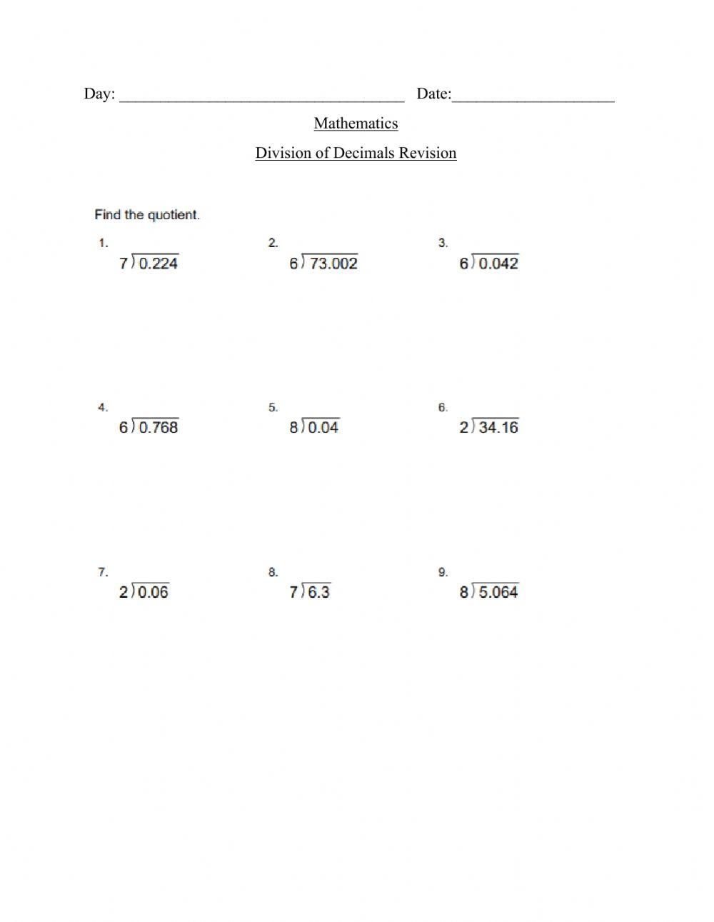 Dividing Decimals Worksheet Pdf