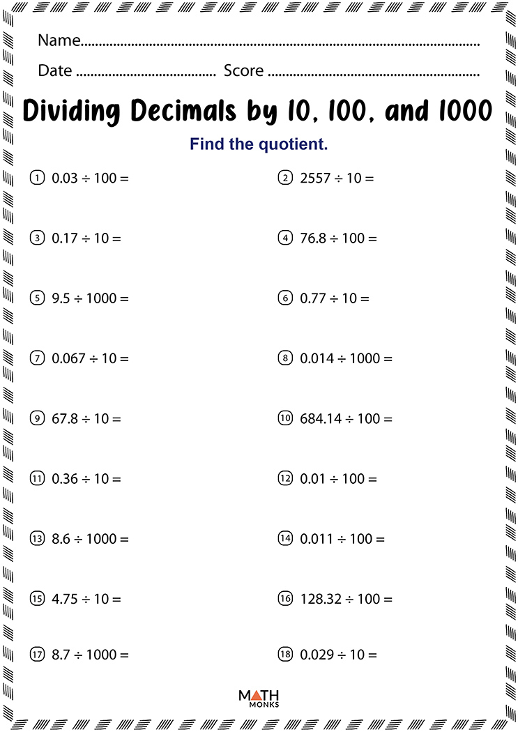 Dividing Decimals Worksheets Math Monks