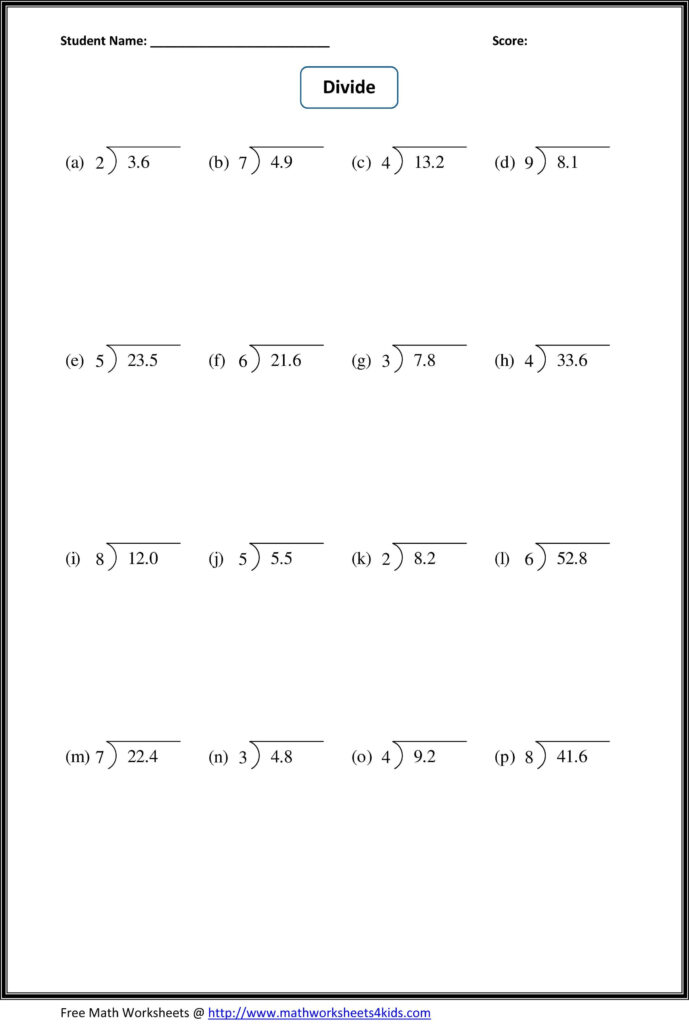 Dividing Hundredthsa Whole Number A Printable Decimal Division