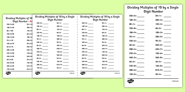 Dividing Multiples Of 10 By 1 Digit Numbers A5 Worksheet Worksheet