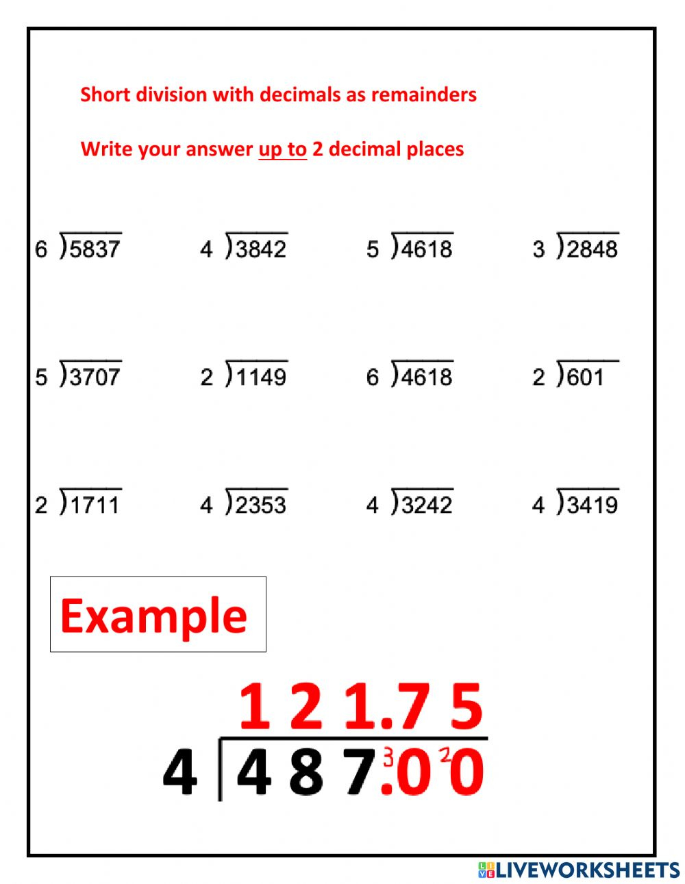 Dividing With Decimal Remainders Worksheet