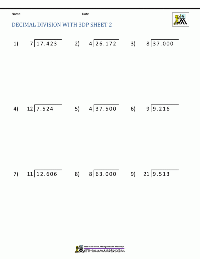 Division Of Decimal Numbers Worksheets