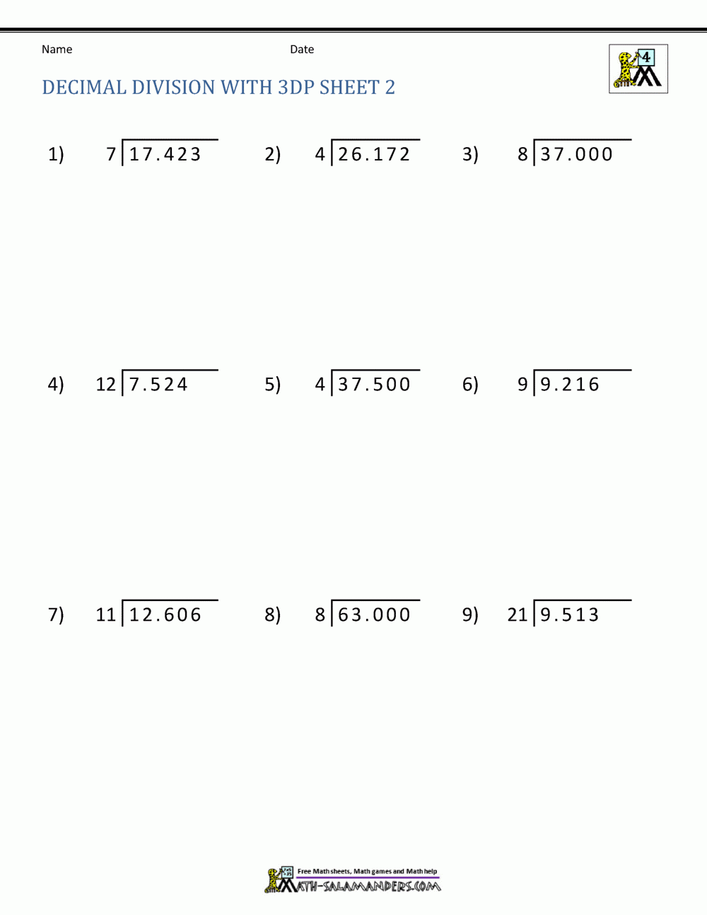 Division Of Decimal Numbers Worksheets