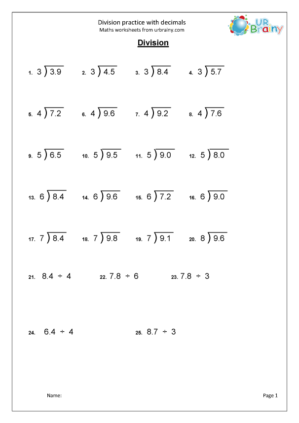 Division Practice With Decimals Division Maths Worksheets For Year 5 