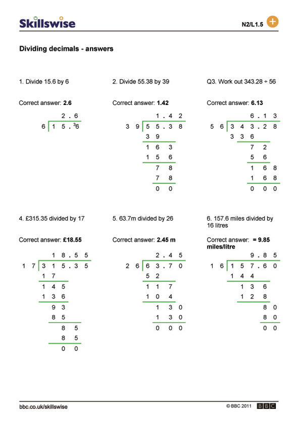 Division With Decimals Worksheets