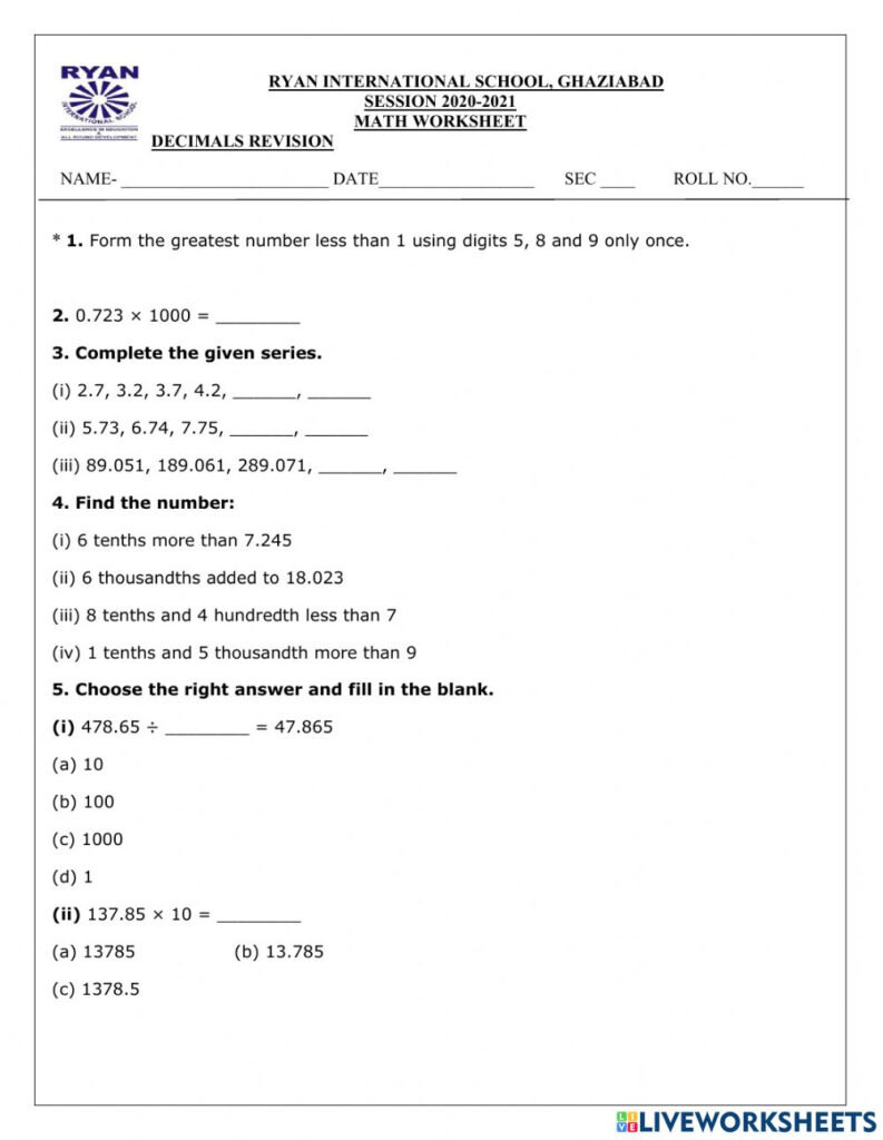 Ejercicio De Decimals Class 5