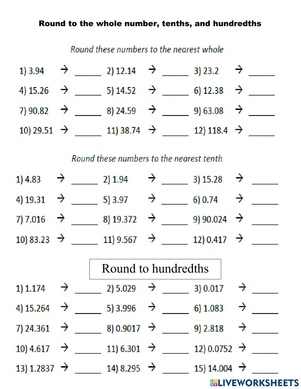 Ejercicio De Rounding Whole Numbers Decimals Tenths And Hundredths