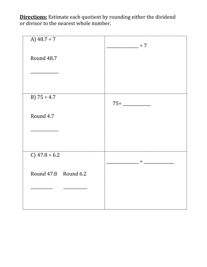 Estimating Decimal Quotients Worksheet