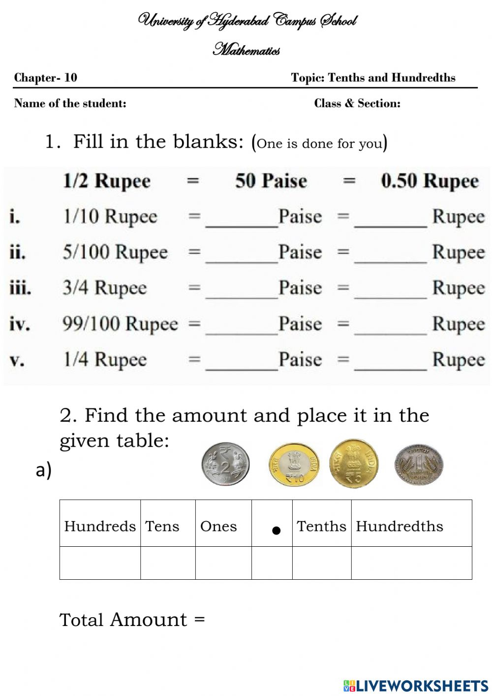 Ficha Interactiva De Tenths And Hundredths Para 5