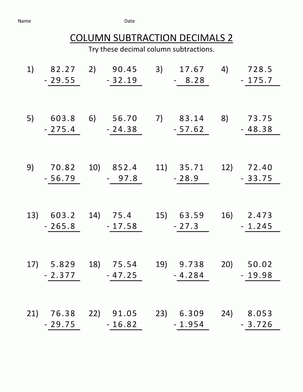 Fifth Grade Math Worksheets Addition To Decimals Learning Printable