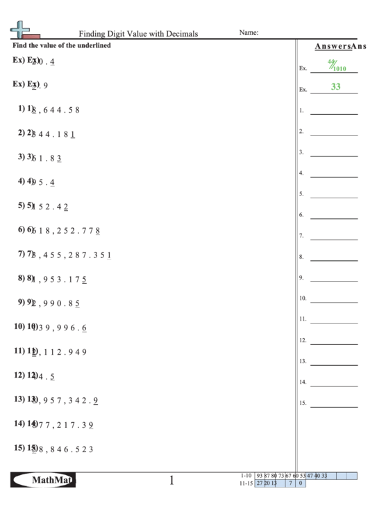 Finding Digit Value With Decimals Worksheet Printable Pdf Download