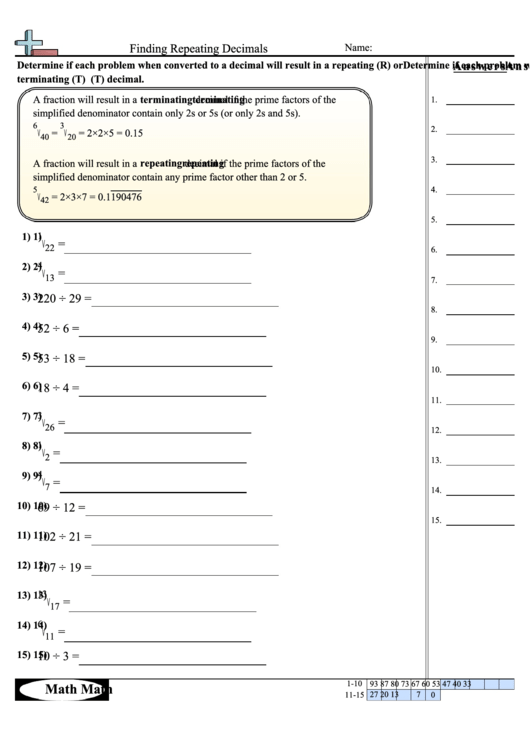 Finding Repeating Decimals Worksheet With Answer Key Printable Pdf Download