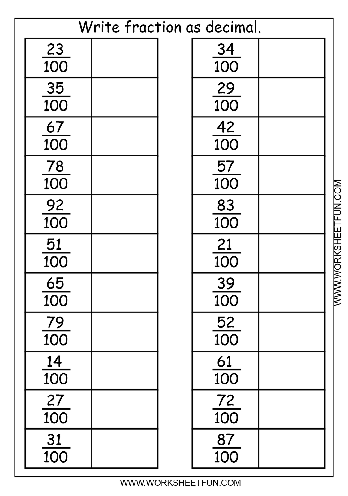 Fraction Decimal Math Decimals Worksheets Fractions Math 