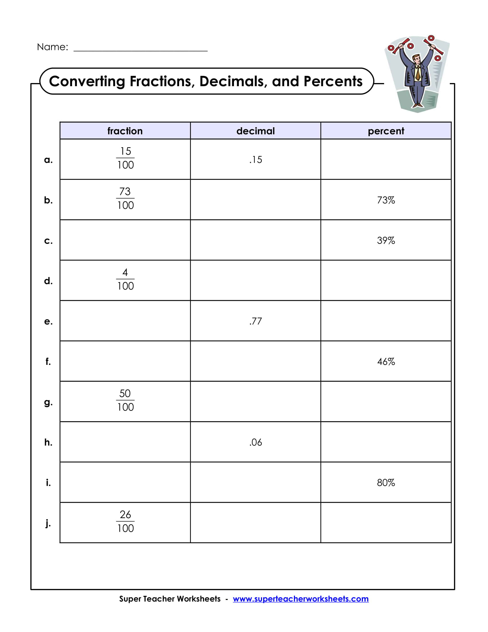 Fraction Decimal Percent Worksheet Pdf Education Template