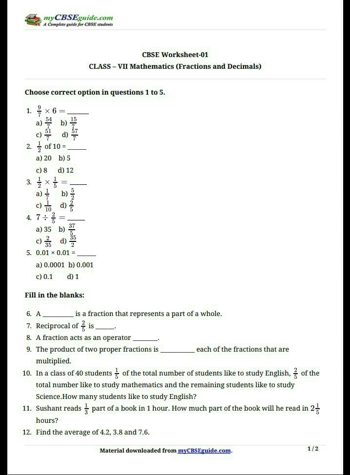 Fraction Question Paper For Class 7 INKSTERSCHOOLS ORG