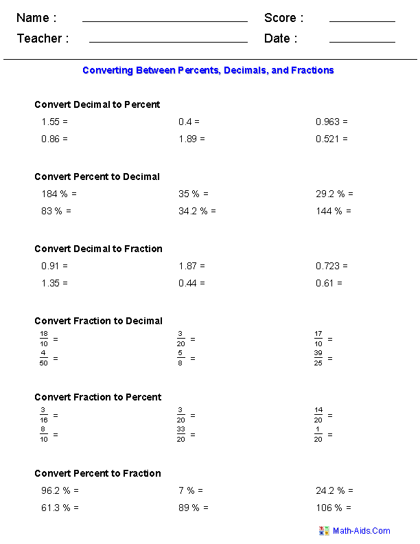 Fraction To Decimal To Percent Worksheet Pdf Maths For 7 Year Olds 