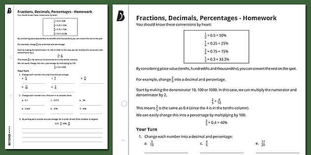  Fractions Decimals And Percentages Worksheet KS3 Maths