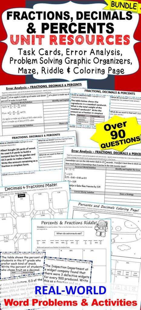 FRACTIONS DECIMALS PERCENTS BUNDLE Task Cards Error Analysis Word 