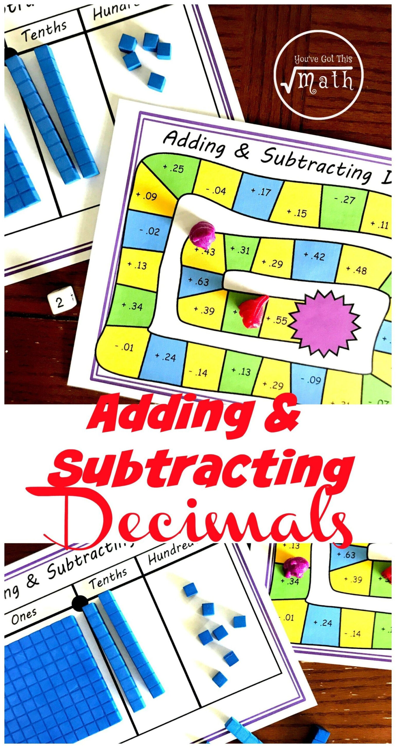 FREE No Prep Adding And Subtracting Decimal Game Using Base Ten Blocks 