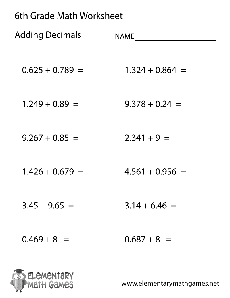 Free Printable Adding Decimals Worksheet For Sixth Grade