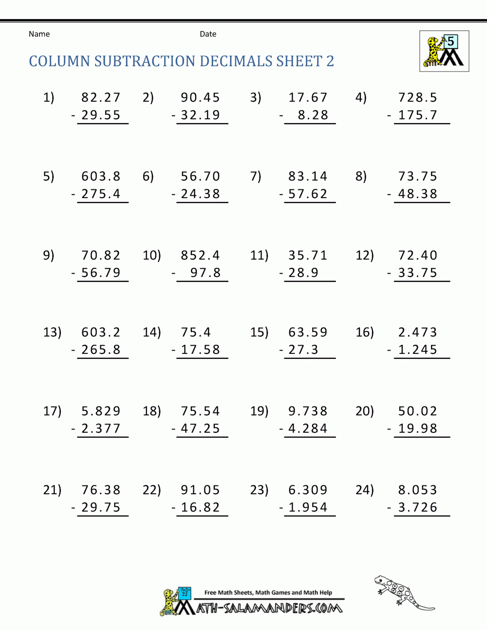 Grade 4 Math Worksheets Subtract Decimals In Columns K5 Learning 