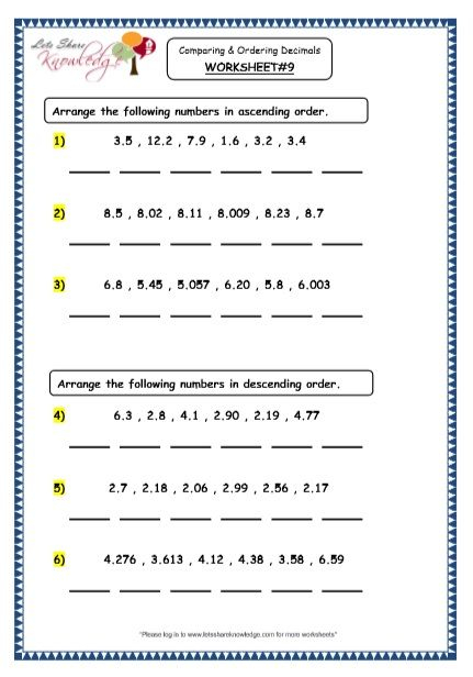 Grade 4 Maths Resources 3 3 Comparing And Ordering Decimals Printable 