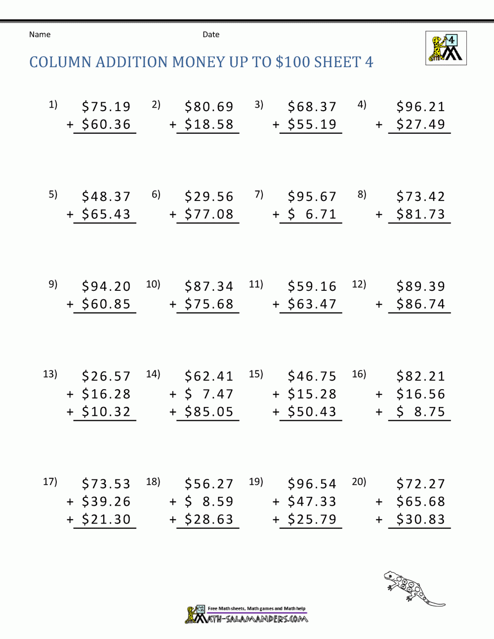 Grade 4 Maths Resources 35 Addition Of Decimals Printable Worksheets 