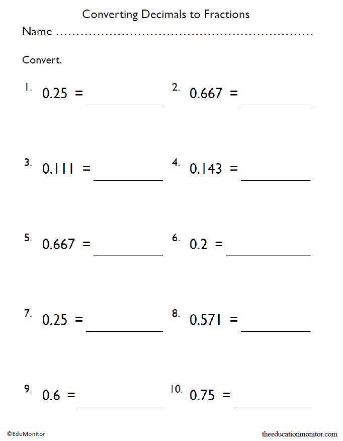 Grade 5 Converting Decimals To Fractions Math Worksheet Math 