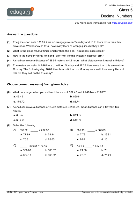 Grade 5 Decimal Numbers Math Practice Questions Tests Worksheets