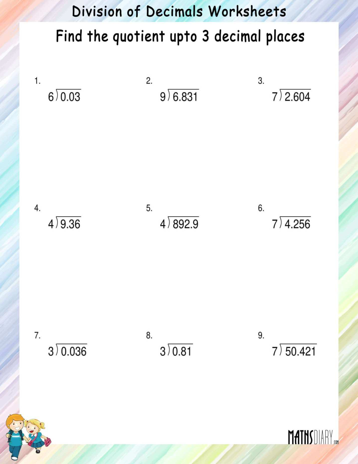 Grade 5 Math Worksheet Decimal Long Division K5 Learning Long 