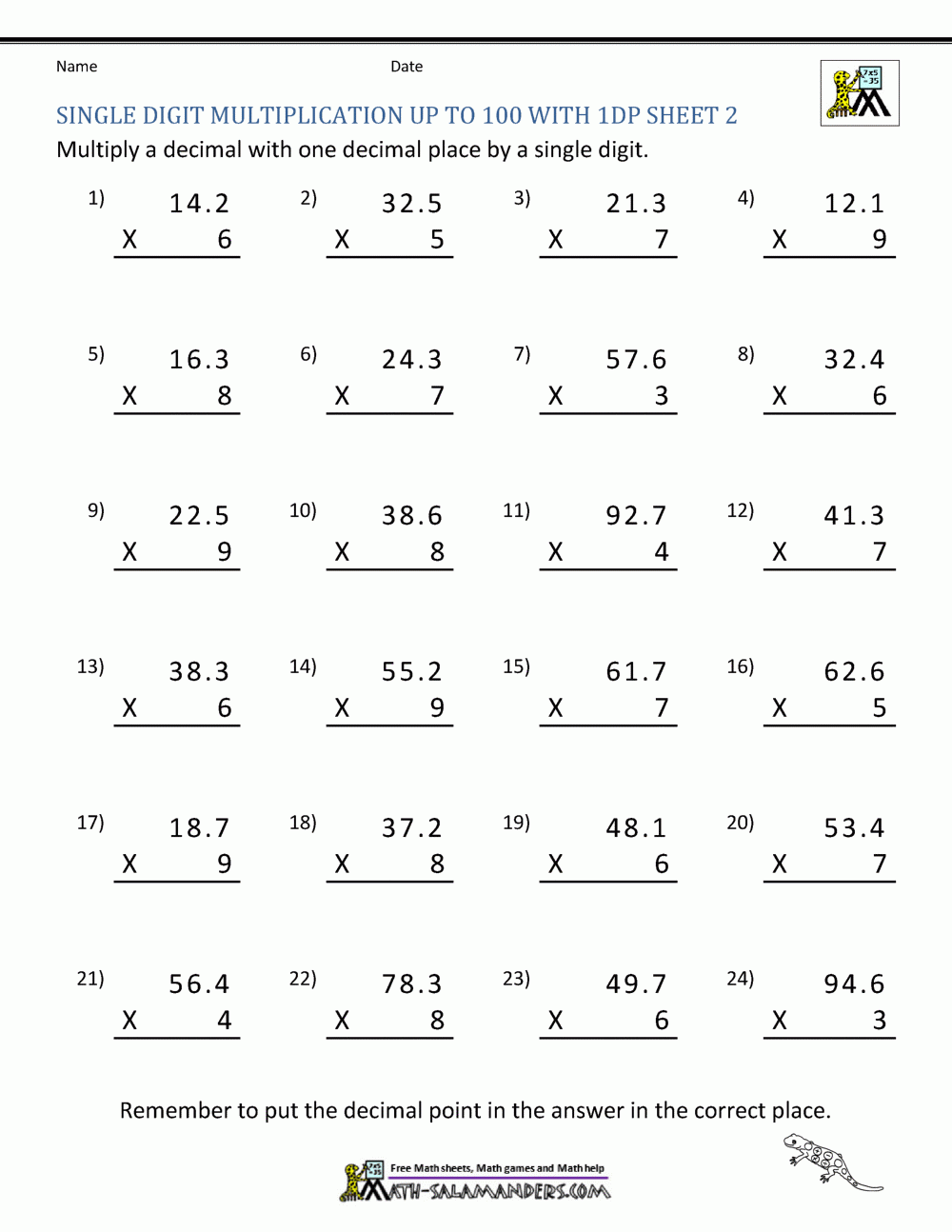 Grade 5 Math Worksheets Decimal Multiplication 1 2 Digits K5 Learning 