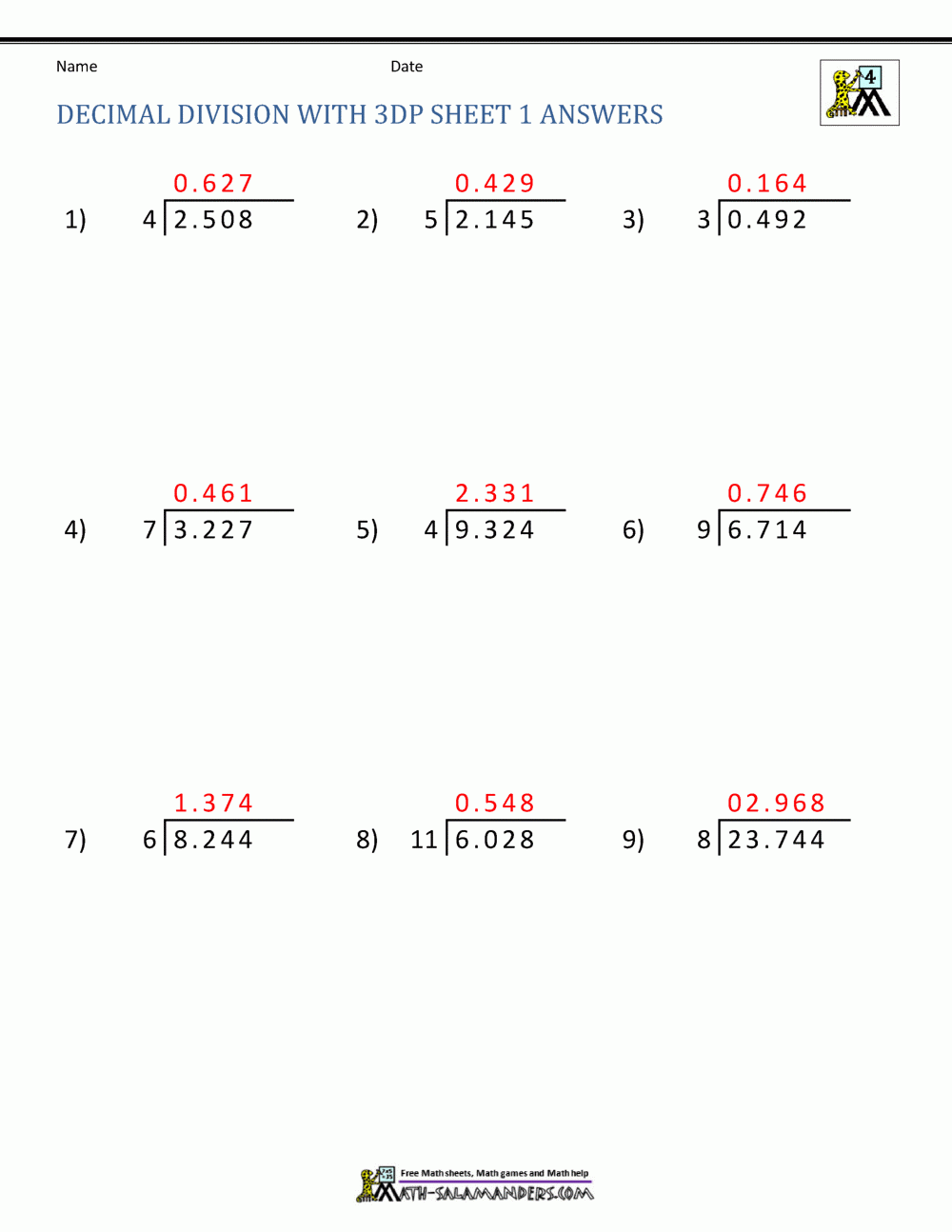 Grade 6 Division Of Decimals Worksheets Free Printable K5 Learning 