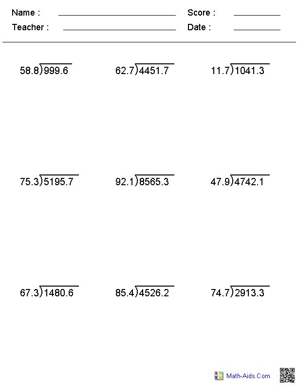 Grade 6 Math Worksheet Decimals Long Division Of Decimals By Whole 