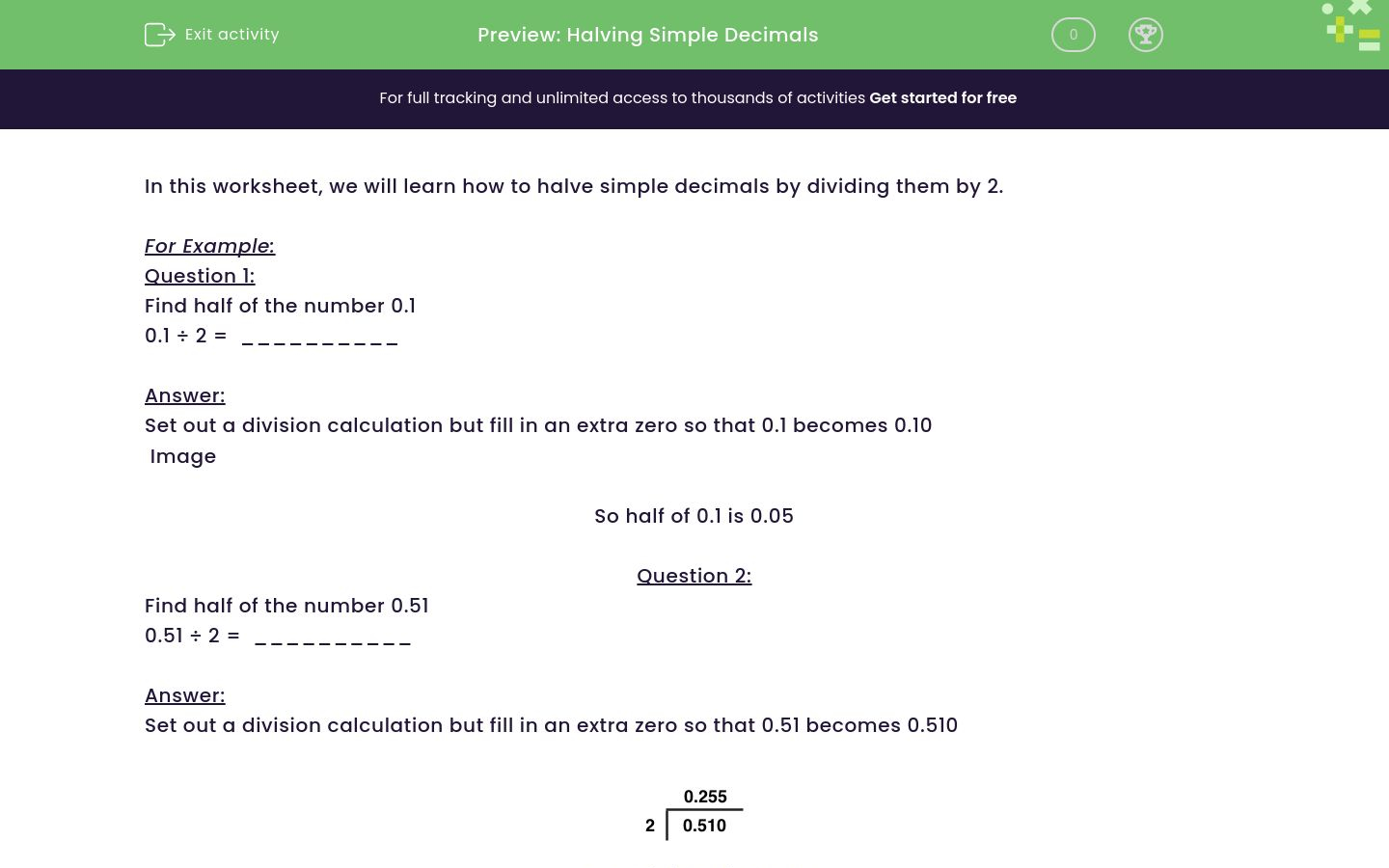 Halving Simple Decimals Worksheet EdPlace