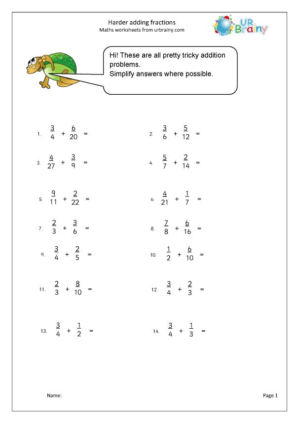 Harder Adding Fractions 2 Fraction And Decimal Worksheets For Year 