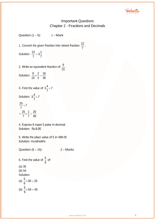 Important Questions For CBSE Class 7 Maths Chapter 2 Fractions And 