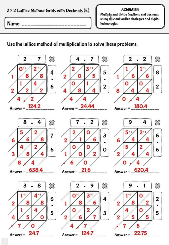 Lattice Method Of Multiplication With Decimal Numbers Contains The