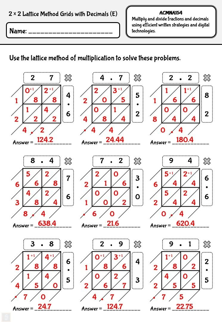 Lattice Method Of Multiplication With Decimal Numbers Contains The 