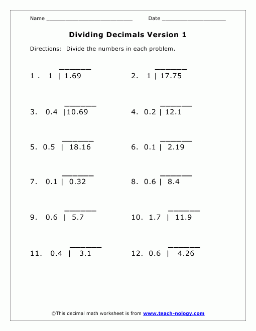 Long Division Decimals 3rd Grade Math Free Printable Division