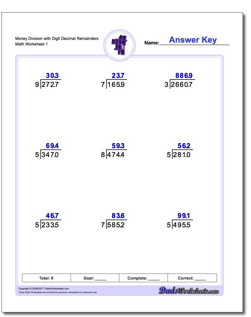 Long Division Worksheets With Decimal Quotients Division Worksheets 