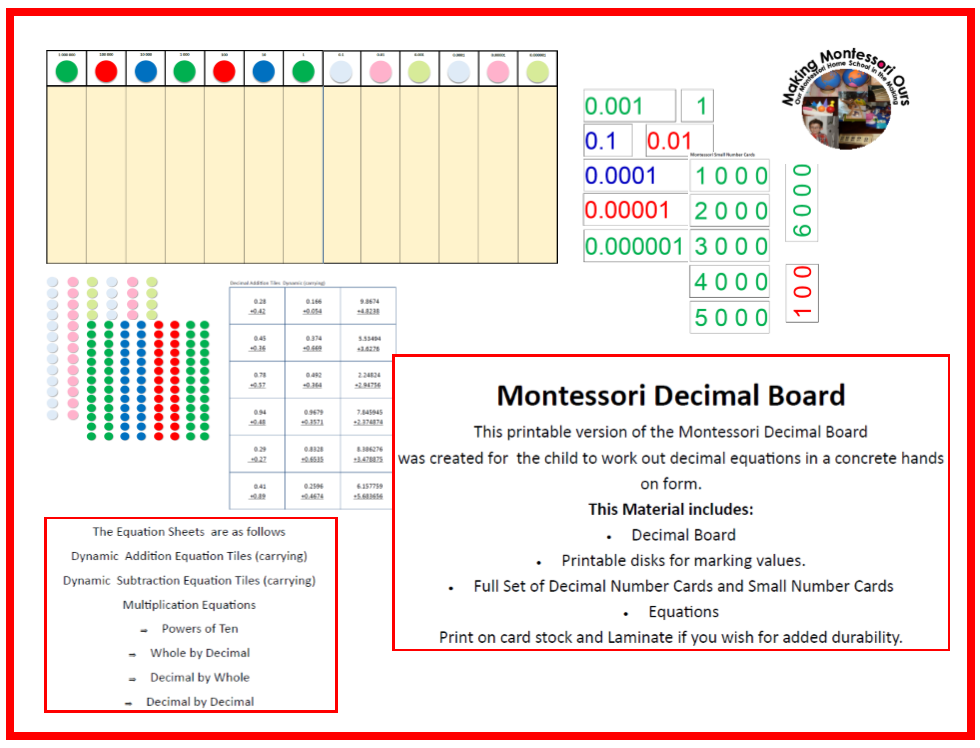  Making Montessori Ours Montessori Decimal Board Printable Materials 