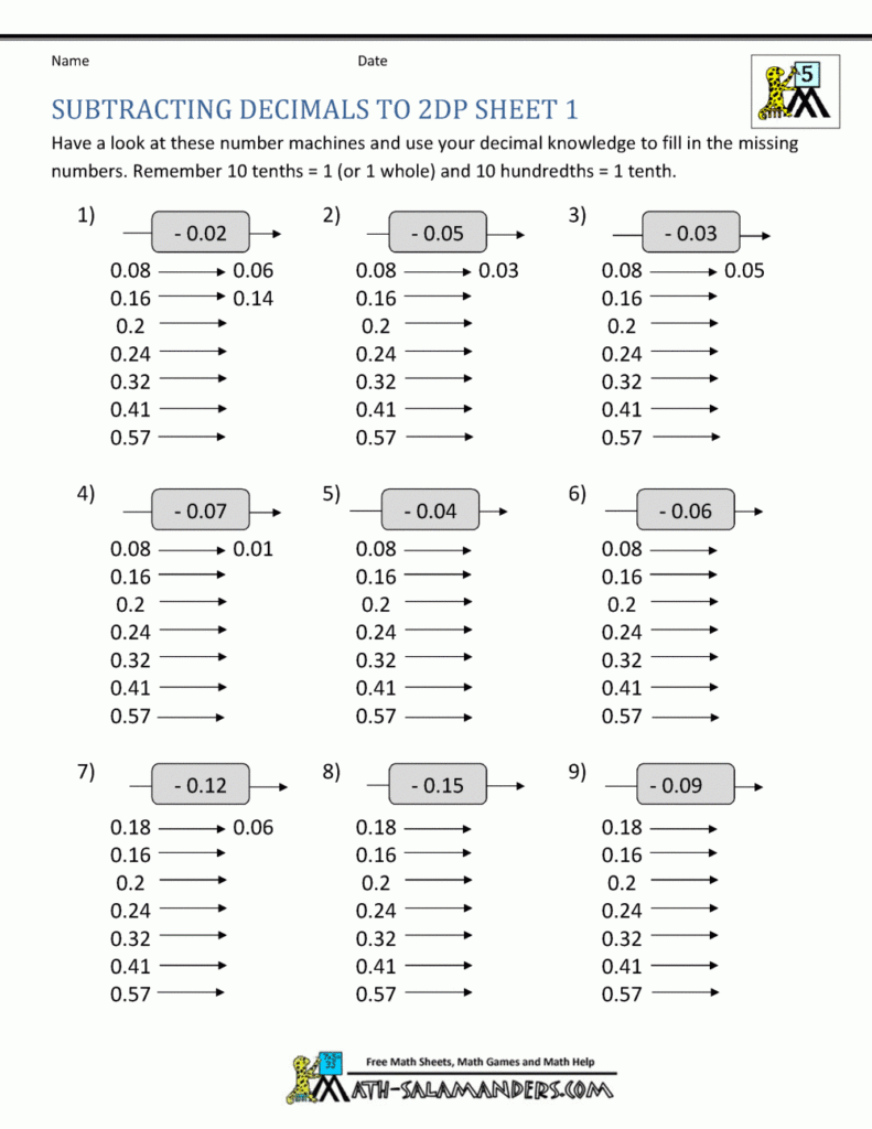 Math Worksheets Decimals Subtraction Math Worksheets For Fifth Grade