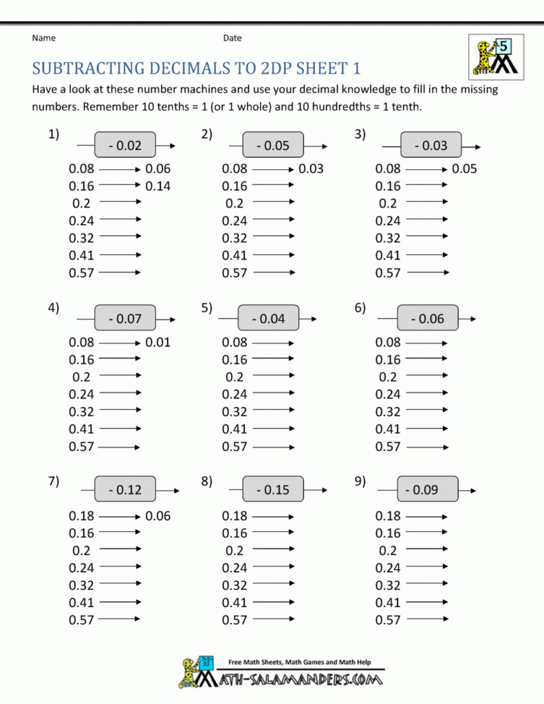 Math Worksheets Decimals Subtraction Math Worksheets For Fifth Grade 